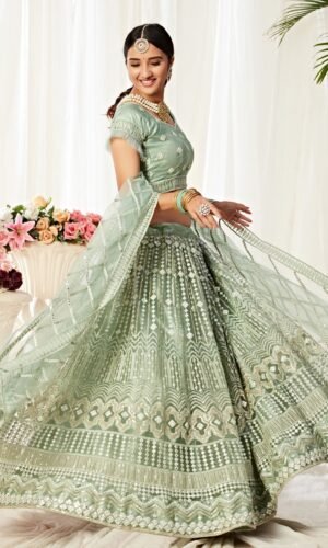 Slate Gray Net Silk Satin 2 Layer Inner Wedding Lehenga Choli (With Can Can)  By Alizeh Fashion