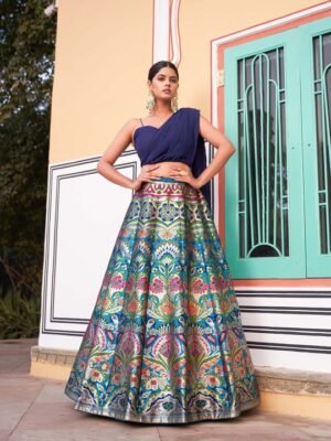 Blue and Pink Banarasi Silk Semi-Stitched Lehenga Choli