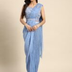 Blue Ready To Wear Saree With Belt