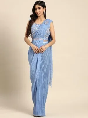 Blue Ready To Wear Saree With Belt Online