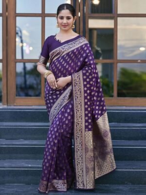 Buy Purple Banarasi Saree with Ethnic Motifs Woven Design Zari at best price