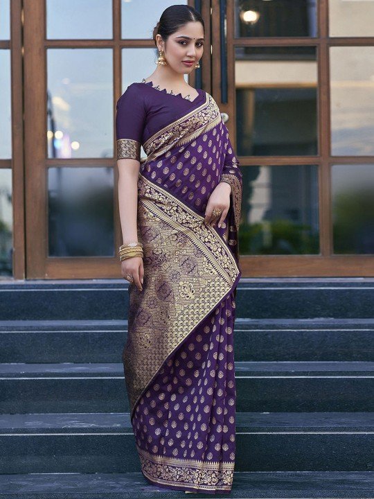 Buy Purple Banarasi Saree with Ethnic Motifs Woven Design Zari at best price