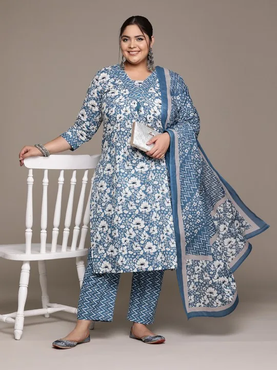 Pure Cotton Plus Size Kurta Set with Floral Printed Mirror Work