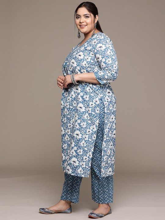 Pure Cotton Plus Size Kurta Set with Floral Printed Mirror Work