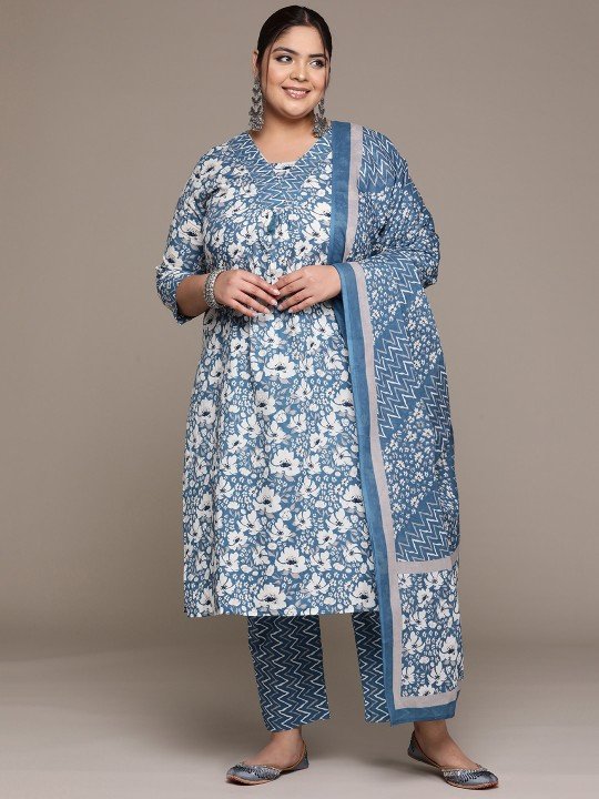 Pure Cotton Plus Size Kurta Set with Floral Printed Mirror Work