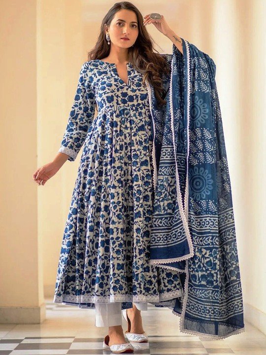 Sky Blue Color Dabu Print Cotton Dress Set under 1000 Buy Now