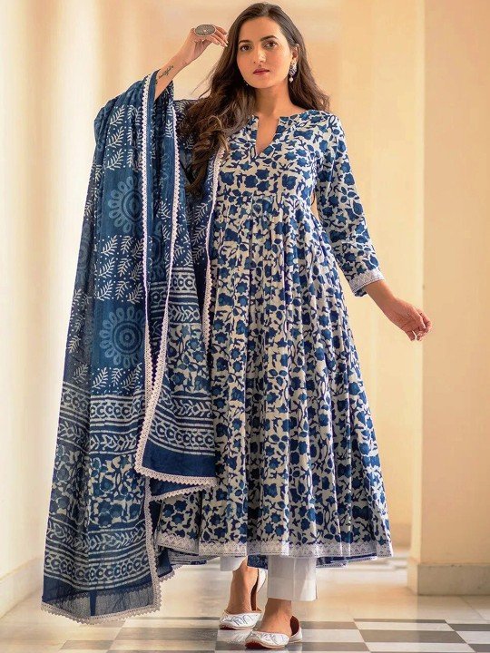 Sky Blue Color Dabu Print Cotton Dress Set under 1000 Buy Now