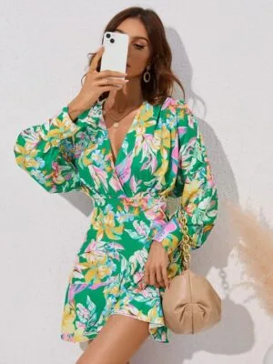 Floral Mini Dress with Flared Sleeve Wrap