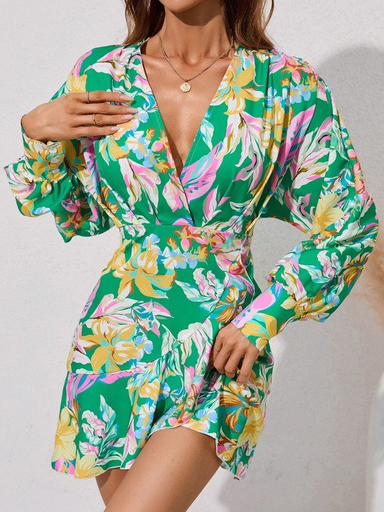 Floral Mini Dress with Flared Sleeve Wrap