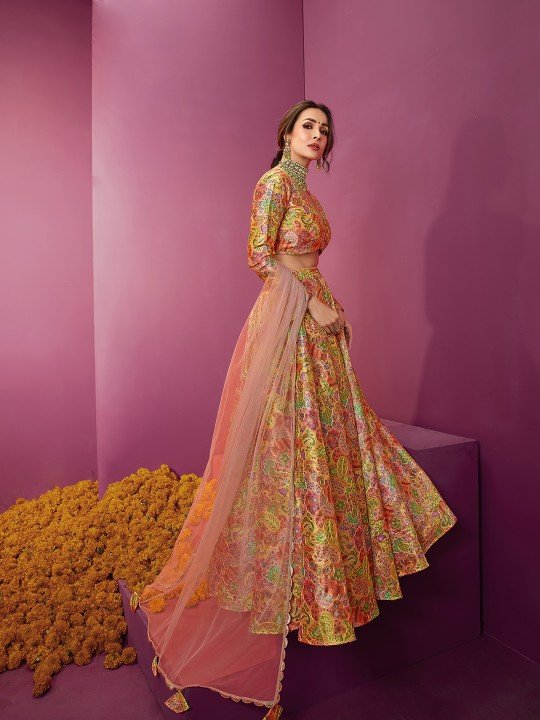 Multicolored Thread Work Semi-Stitched Lehenga & Blouse With Dupatta