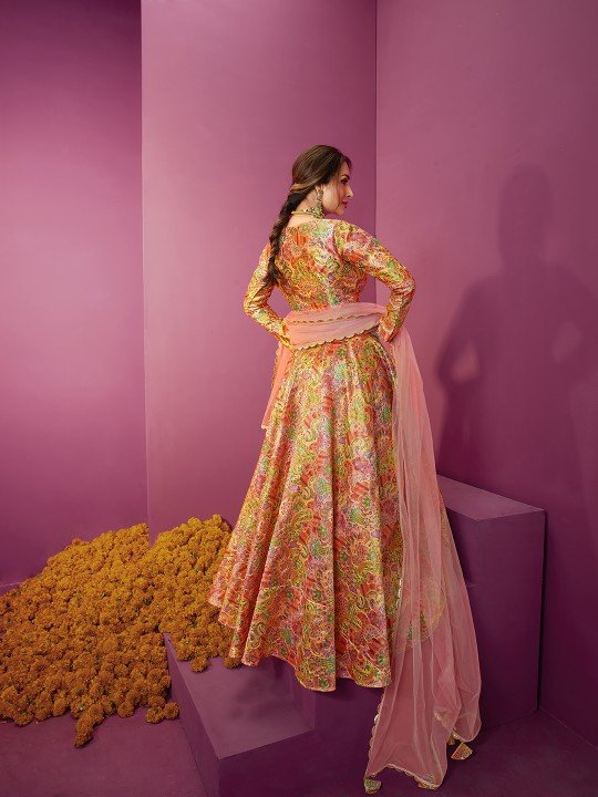 Multicolored Thread Work Semi-Stitched Lehenga & Blouse With Dupatta