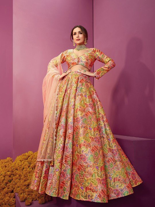 Multicolored Thread Work Semi-Stitched Lehenga & Blouse With Dupatta