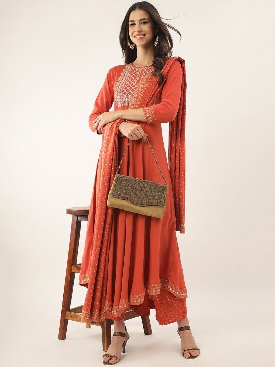 Orange Sequinned Anarkali Kurta set online for stylish look