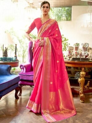 Pink & Golden Floral Zari Silk Blend Banarasi Saree