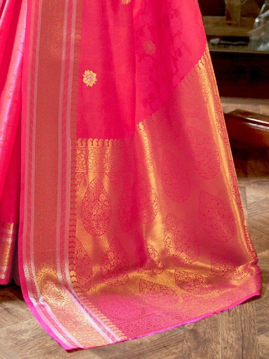 Pink & Golden Floral Zari Silk Blend Banarasi Saree