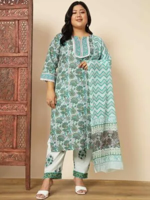 Plus Size Cotton Floral Kurta & Trousers With Dupatta