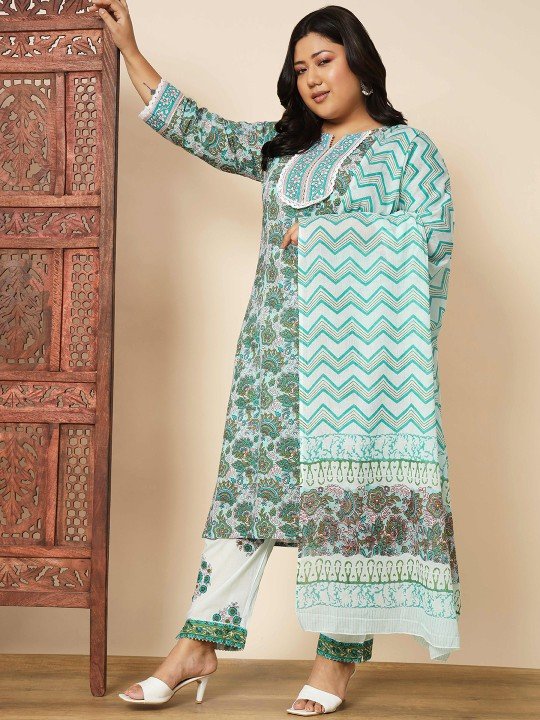 Plus Size Cotton Floral Kurta & Trousers With Dupatta