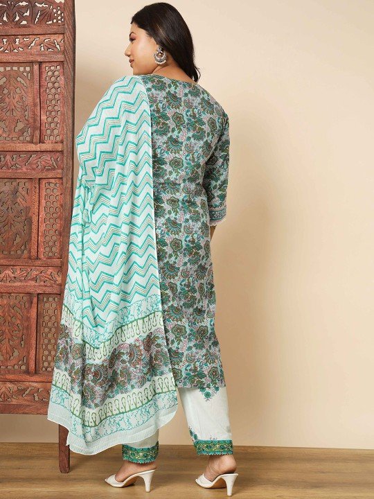 Plus Size Cotton Floral Kurta & Trousers With Dupatta