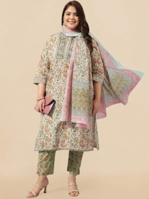 Green Printed Plus Size Kurta Sets