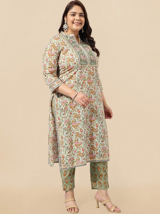 Green Printed Plus Size Kurta Sets