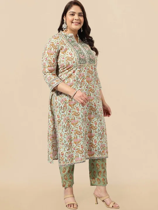 Green Printed Plus Size Kurta Sets