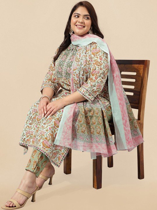 Green Printed Plus Size Kurta Sets