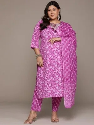 Purple Plus Size Kurtas Online with Floral Printed & Mirror Work