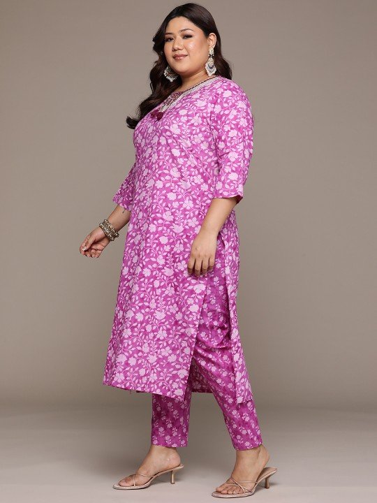 Purple Plus Size Kurtas Online with Floral Printed & Mirror Work