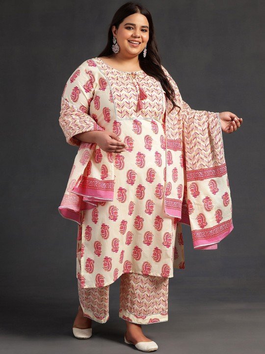 Plus Size Printed Cotton Kurta with Palazzos & Dupatta