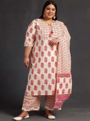 Plus Size Printed Cotton Kurta with Palazzos & Dupatta