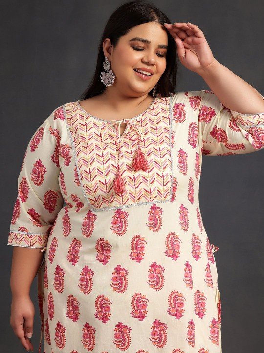 Plus Size Printed Cotton Kurta with Palazzos & Dupatta