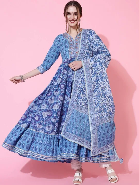 Ethnic Motifs Printed Pure Cotton Anarkali Kurti Set With Dupatta