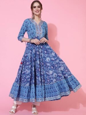 Ethnic Motifs Printed Pure Cotton Anarkali Kurti Set With Dupatta