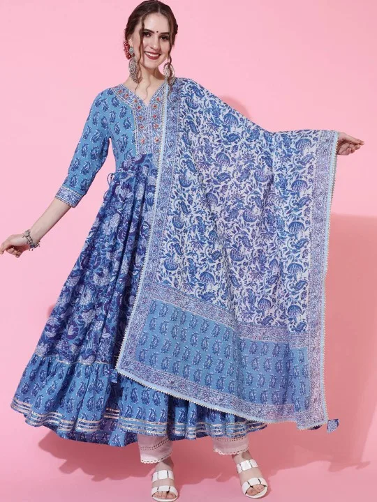 Ethnic Motifs Printed Pure Cotton Anarkali Kurti Set With Dupatta