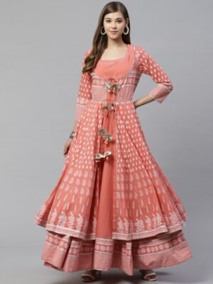 Women Peach-Coloured Printed Cotton Anarkali Kurti Set