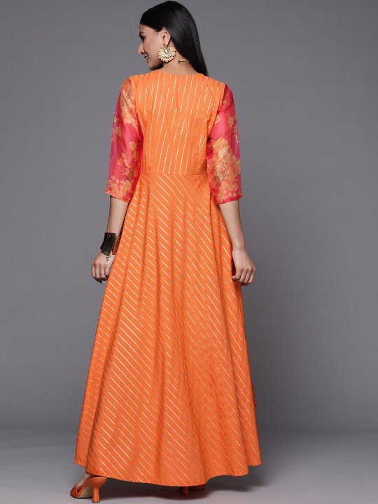 Orange Striped Ethnic Maxi Gown Dress