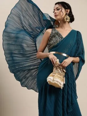 Blue Stitched Ready to Wear Ruffles Saree Online