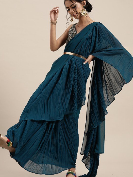 Blue Stitched Ready to Wear Ruffles Saree Online