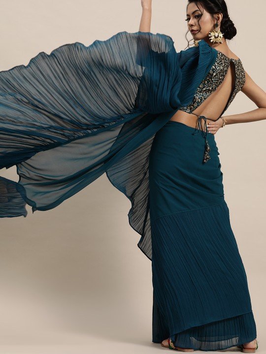 Blue Stitched Ready to Wear Ruffles Saree Online