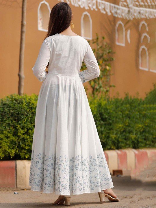 Floral Printed Pleated White Anarkali Kurta With Dupatta