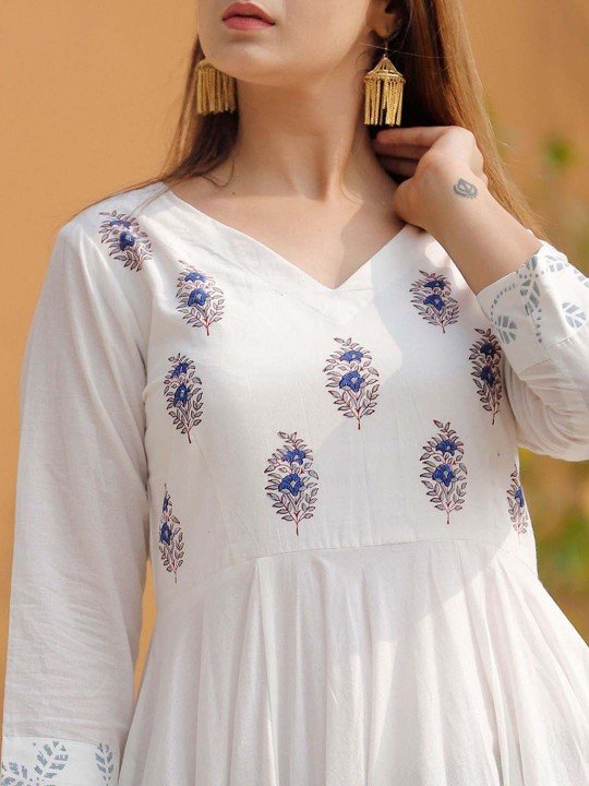 Floral Printed Pleated White Anarkali Kurta With Dupatta