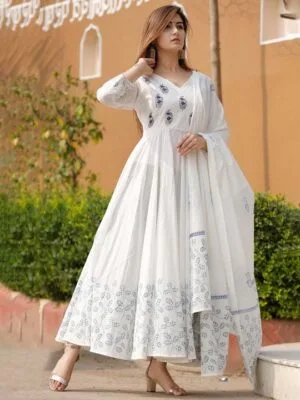 Floral Printed Pleated White Anarkali Kurta With Dupatta