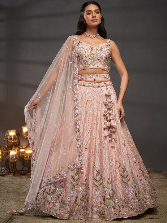 Pink Net Flare Can Can Lehenga