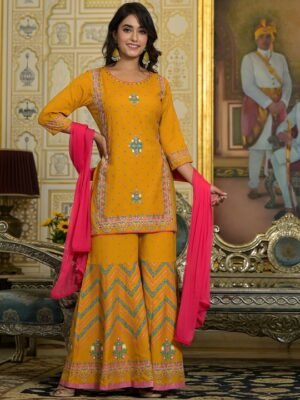 Ethnic Motifs Printed Sequinned Liva Straight Kurti With Sharara & Dupatta