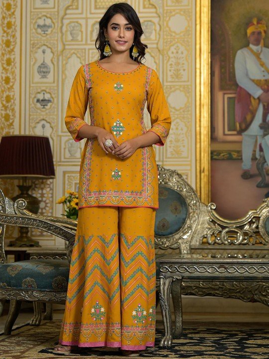 Ethnic Motifs Printed Sequinned Liva Straight Kurti With Sharara & Dupatta