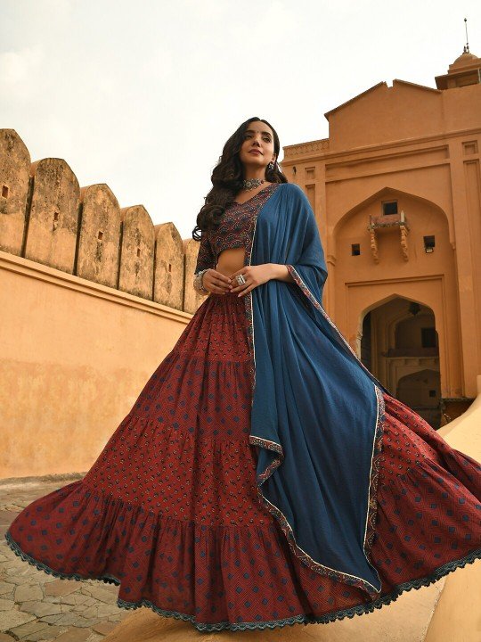 Maroon color Cotton Block Print Lehenga Choli Online