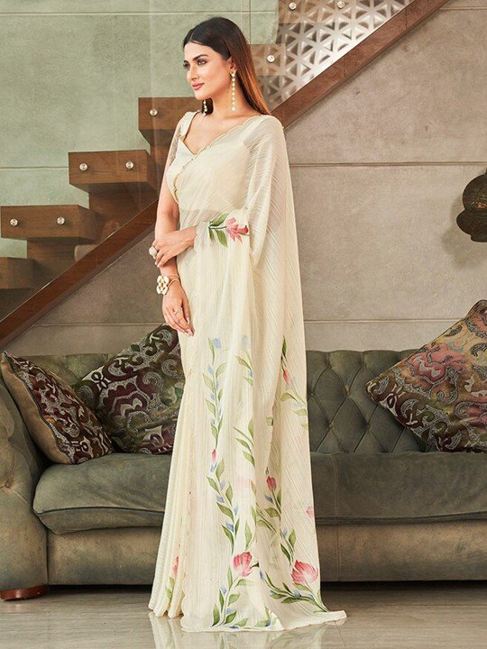 Ready To Wear Off White Floral Saree