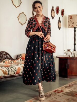 Festive Ethnic Dresses for Women - Rustorange Black & Orange Maxi Dress