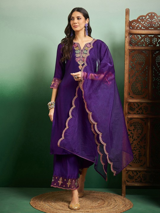 Sangria embroidered notch neck kurta set with palazzo and dupatta for festive occasions