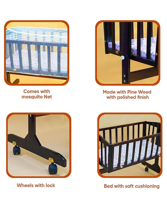 Furnifest Baby Wooden Cradle & Crib with Mosquito Net and Wheels